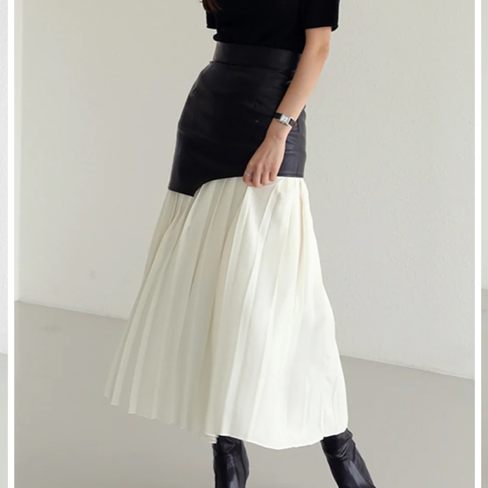 Commense Asymmetric Patchwork Faux Leather Chiffon Pleated Midi Skirt